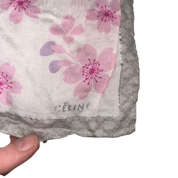 celine paris france AUTHENTIC pink gray plumera floral print handkerchief scarf - Picture 2 of 4